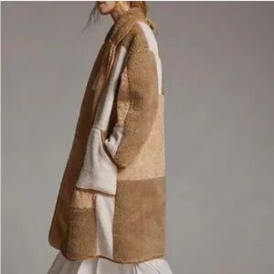 Anthropologie Pilcro Large Colorblocked Sherpa Coat in Tan, Ivory and Brown